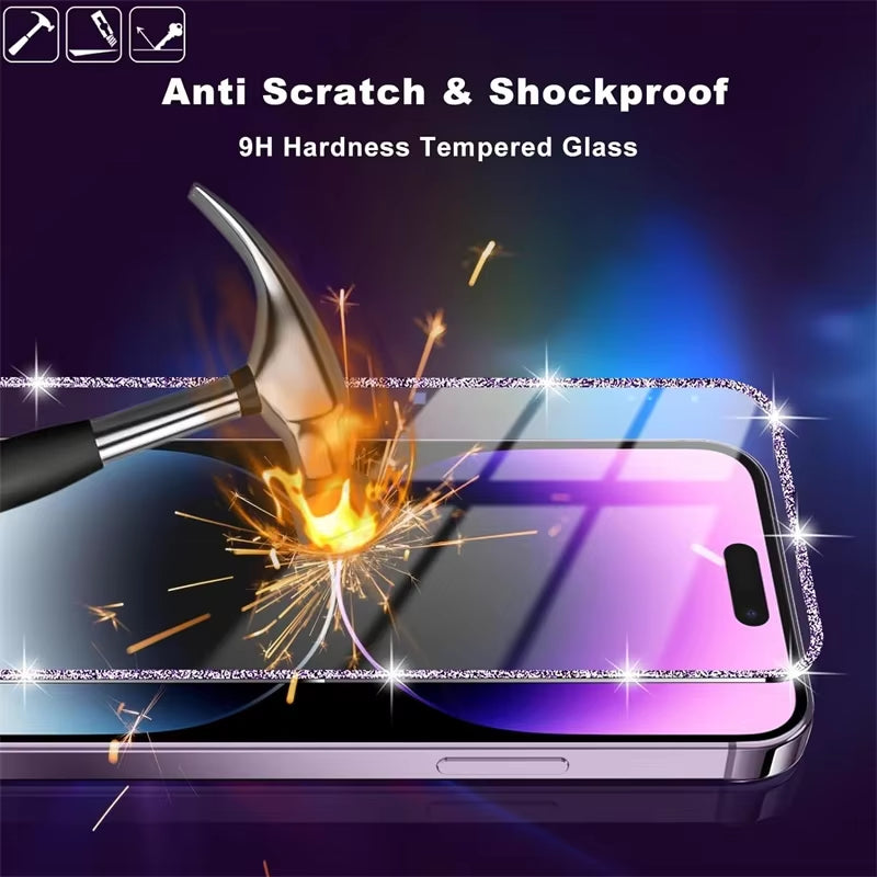 2PCS Bling Glitter Edge Screen Protector for Iphone 14 13 11 15 Pro Max plus 12 Mini XS XR X 15Pro 14Pro I15 Tempered Glass Film